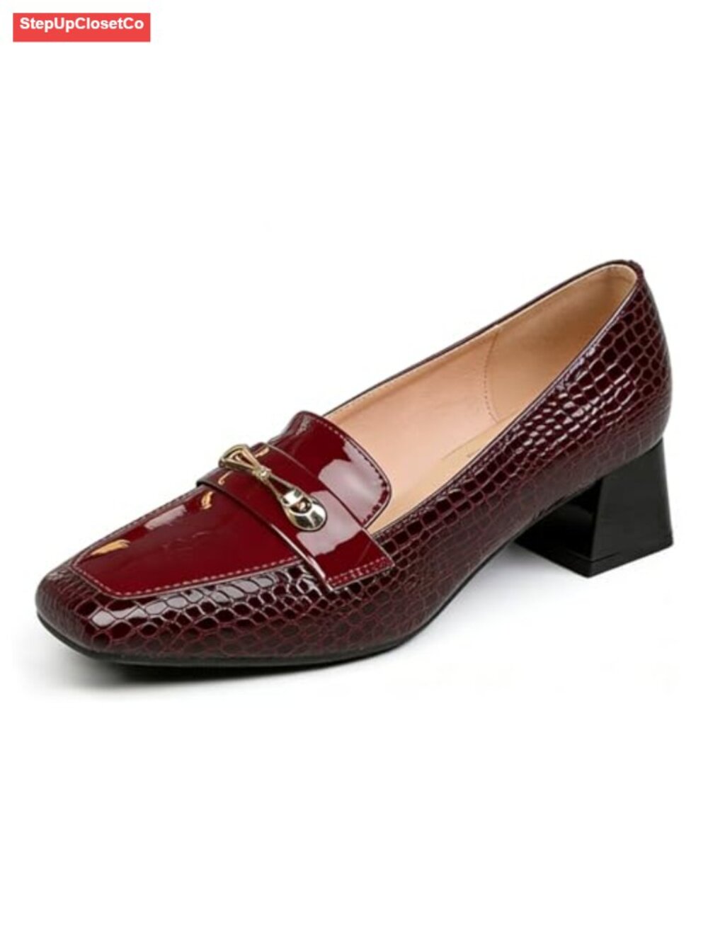 Women's Printed Block Heel Loafers Metal Buckle Slip On Square Toe